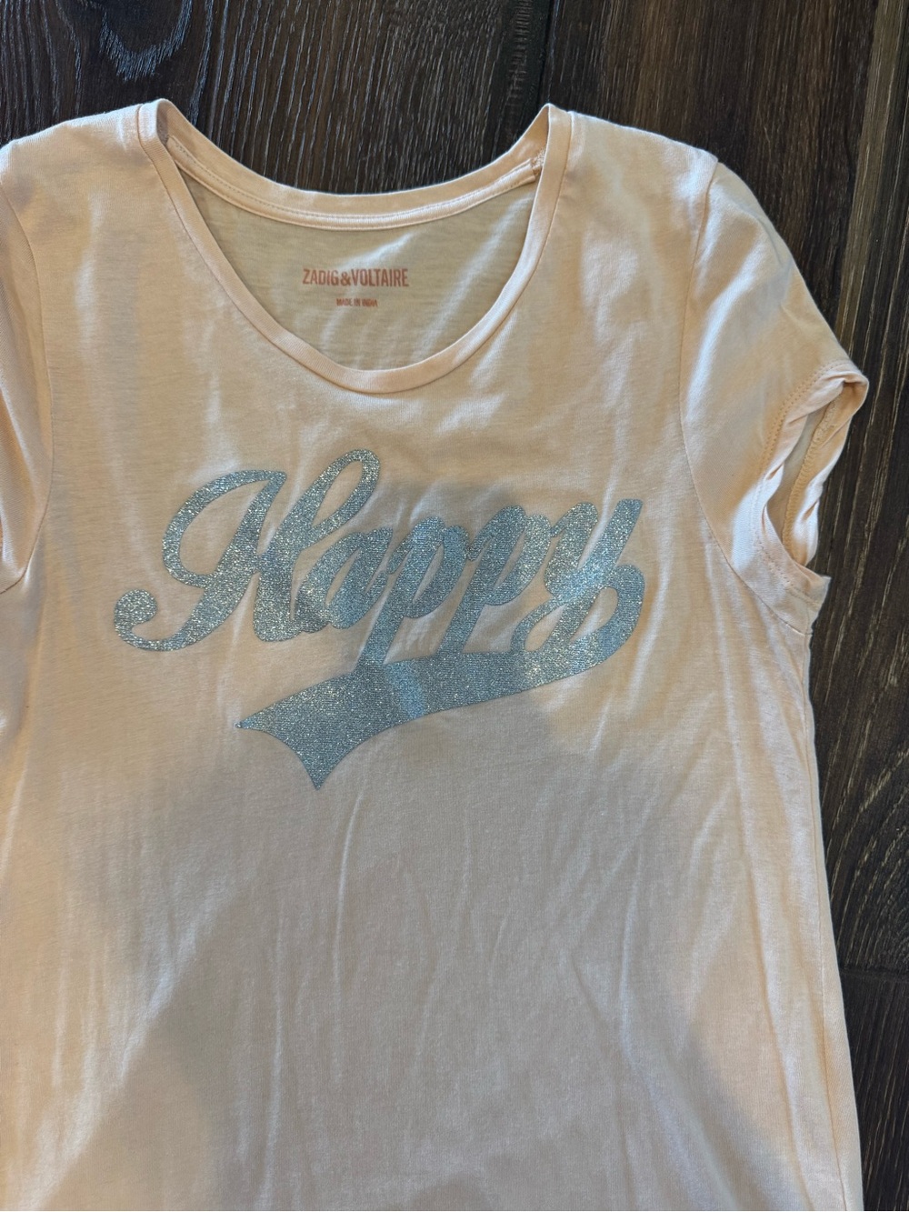 Zadig & Voltaire Pale Pink Tee with Silver Glitter "Happy" Script
